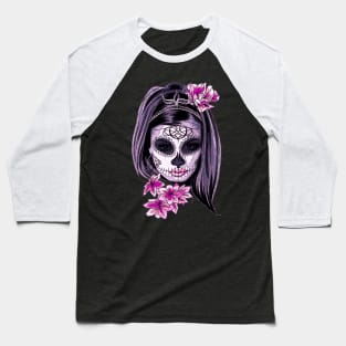 Catrina face painted in pastel colors with pink flowers. Feminist princess catrina face. Baseball T-Shirt